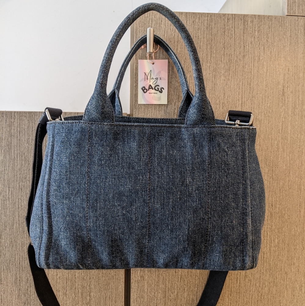 Prada: Denim Rhinestone Bijoux Canapa Crossbody Tote Bag ๐ - Picture 9 of 17